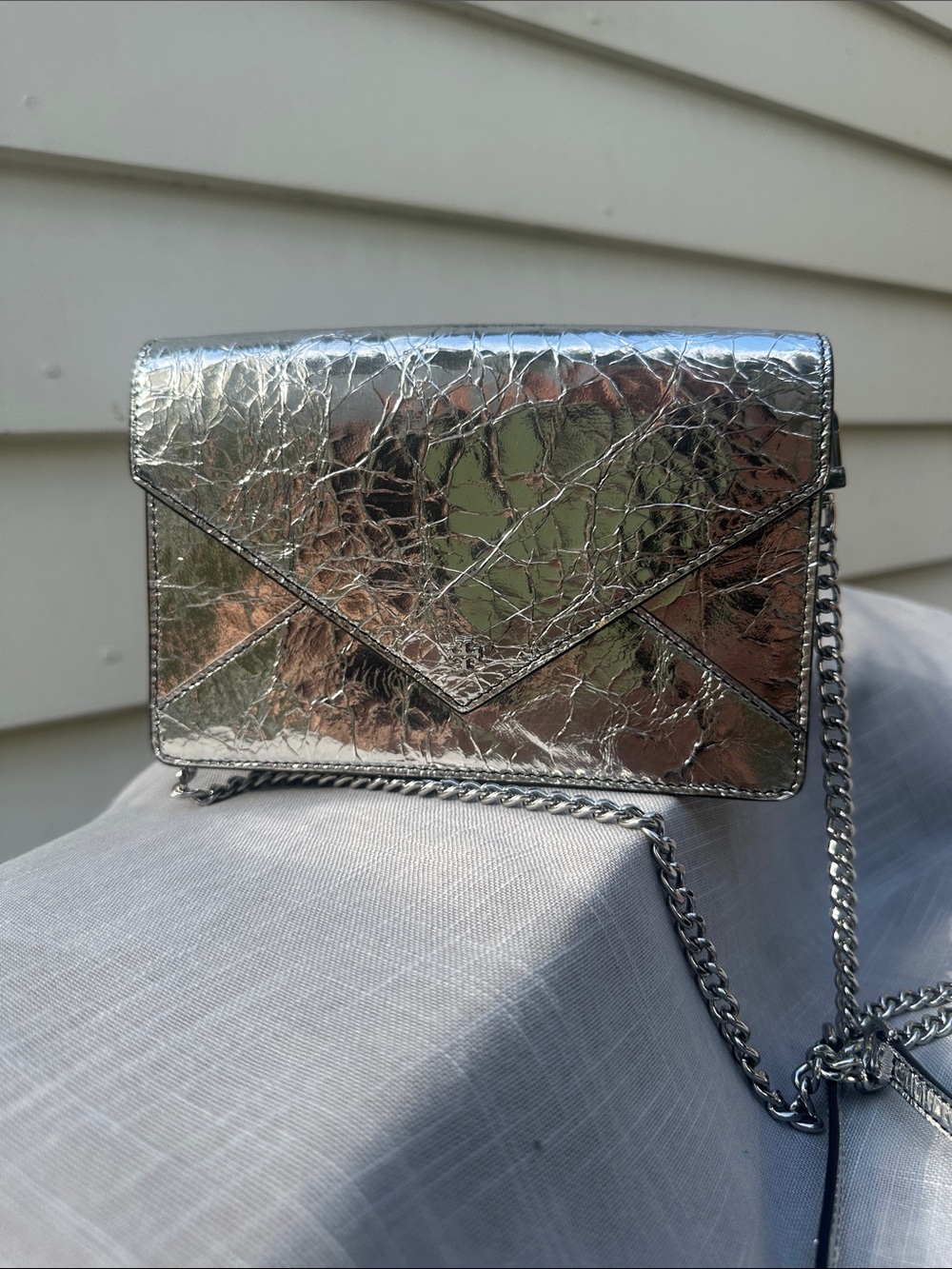 Tory Burch Metallic Silver Envelope Crossbody Bag